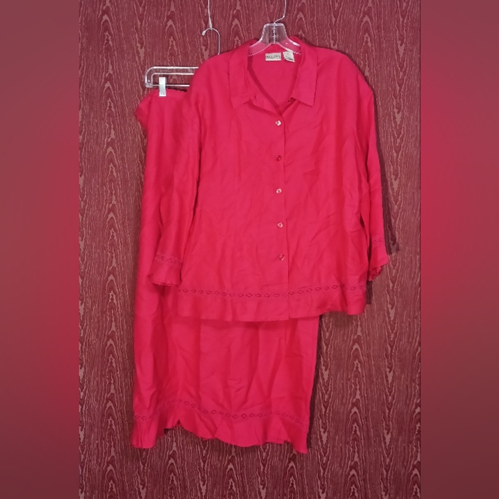 SHERRY TAYLOR 2 Piece 3X Red Skirt Collered 3/4 Sleeve Button Pocket Women's